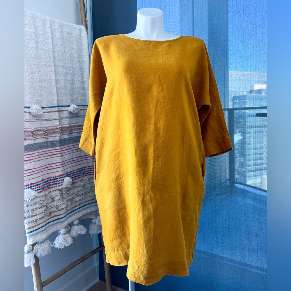 Not Perfect Linen Mustard Yellow 100% Linen Crewneck 3/4 Sleeve Dress Size Large